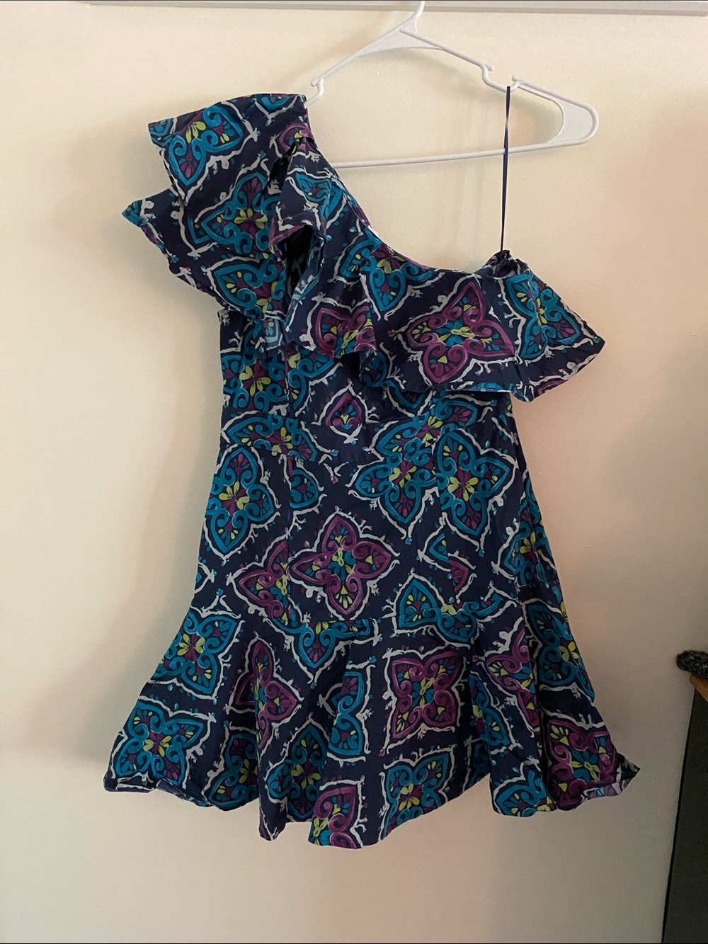 Josie Natoro Navy One-Shoulder Ruffle Dress with Teal & Purple Print